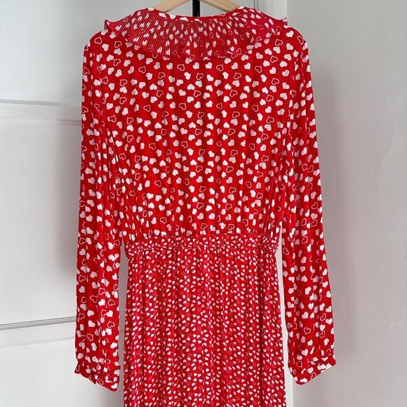 And Other Stories Frill Neck Red Love Heart L/S Midi Dress Paris Atelier, Size 6 - Picture 6 of 12